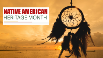 Text: Native American Heritage Month and a photo of a dream catcher at sunset.